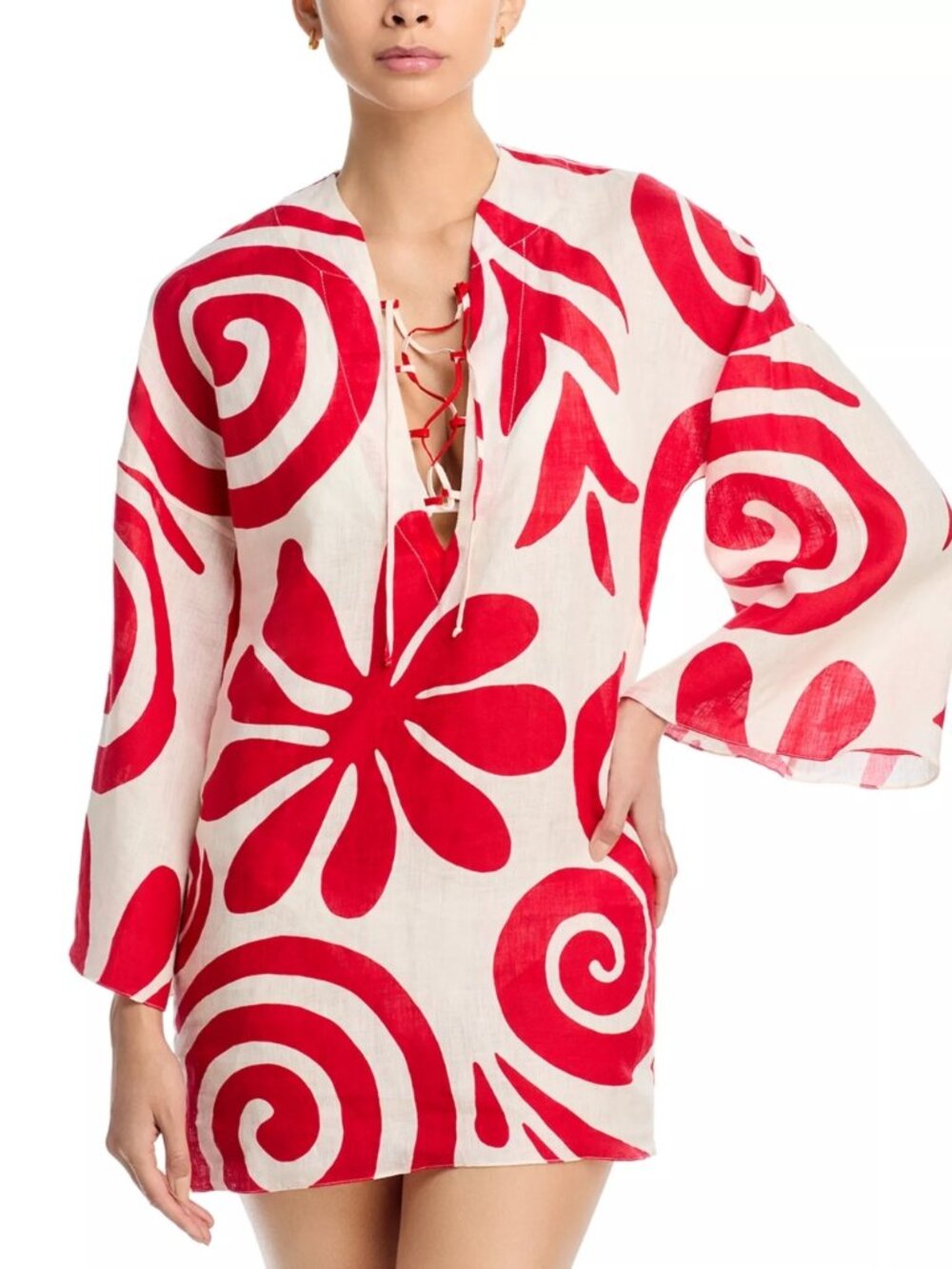 Cala de la Cruz Turin Linen Mini Dress Cover Up Red White L MSRP $450